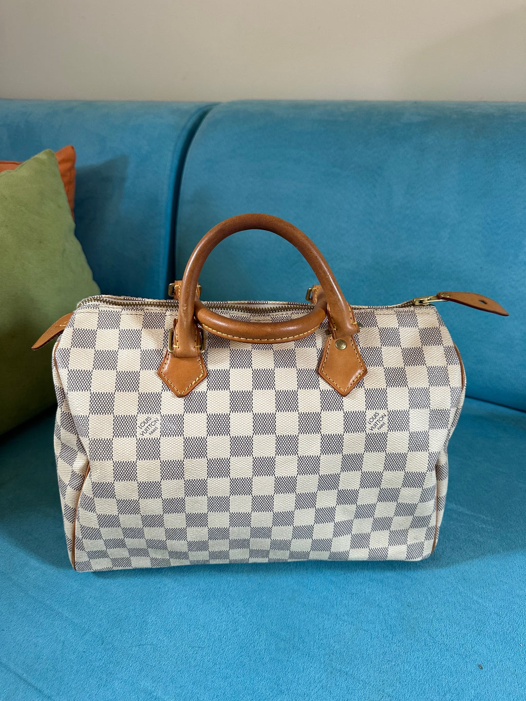 Louis Vuitton Speedy 30 in Damier Azur with Box, Dust Bag, Padlock & Key