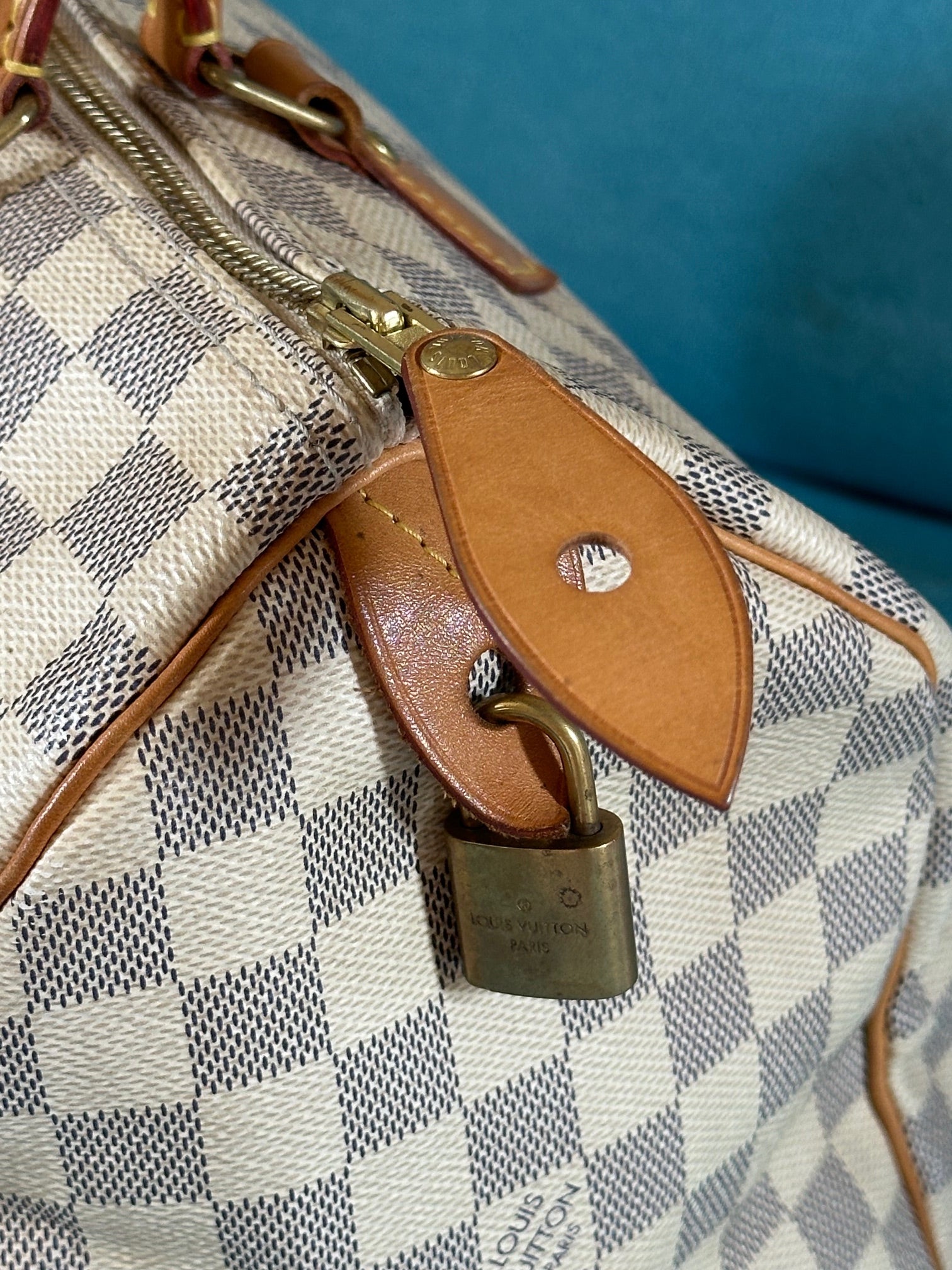 Louis Vuitton Speedy 30 in Damier Azur with Box, Dust Bag, Padlock & Key
