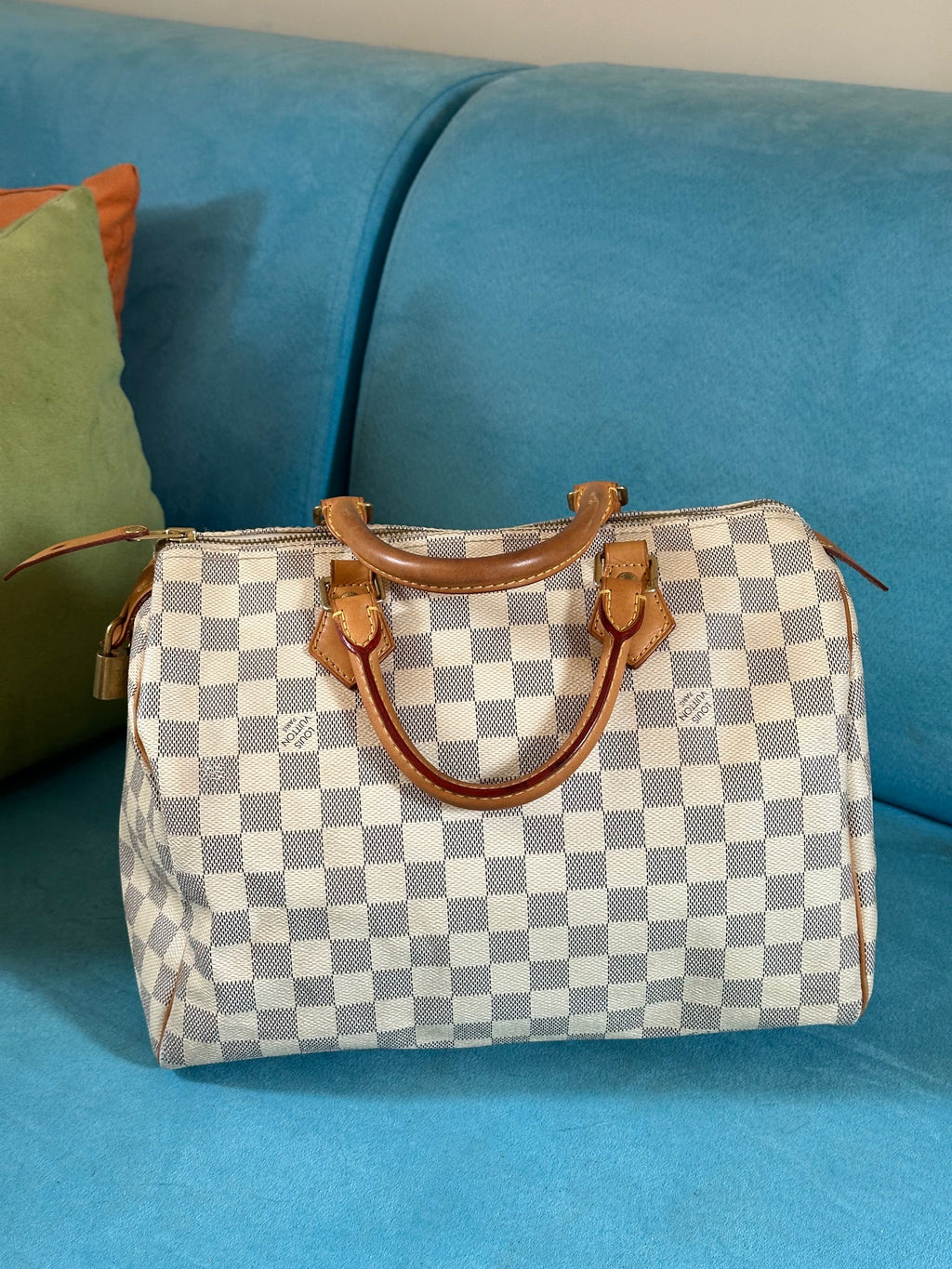 Louis Vuitton Speedy 30 in Damier Azur with Box, Dust Bag, Padlock & Key