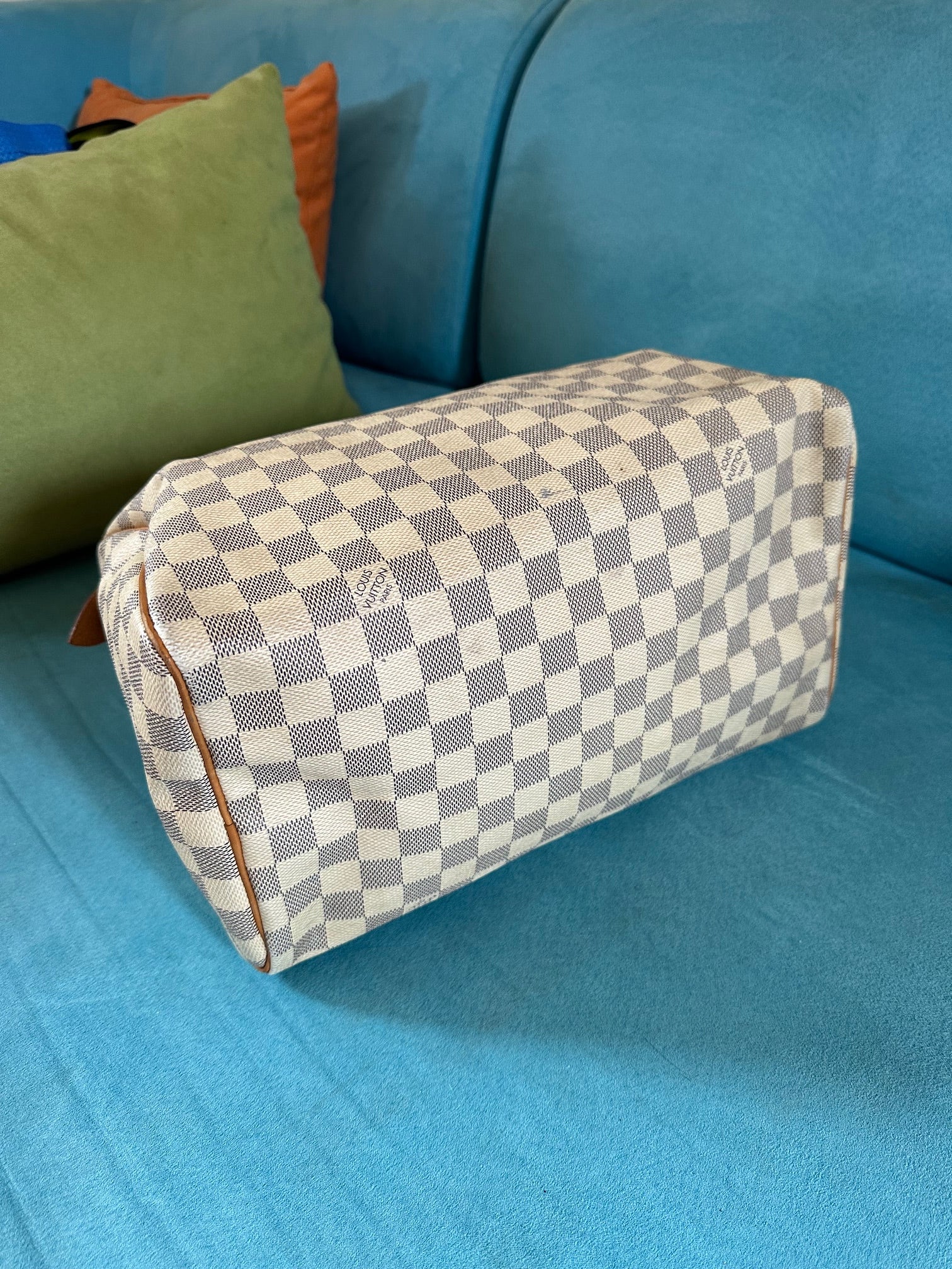 Louis Vuitton Speedy 30 in Damier Azur with Box, Dust Bag, Padlock & Key
