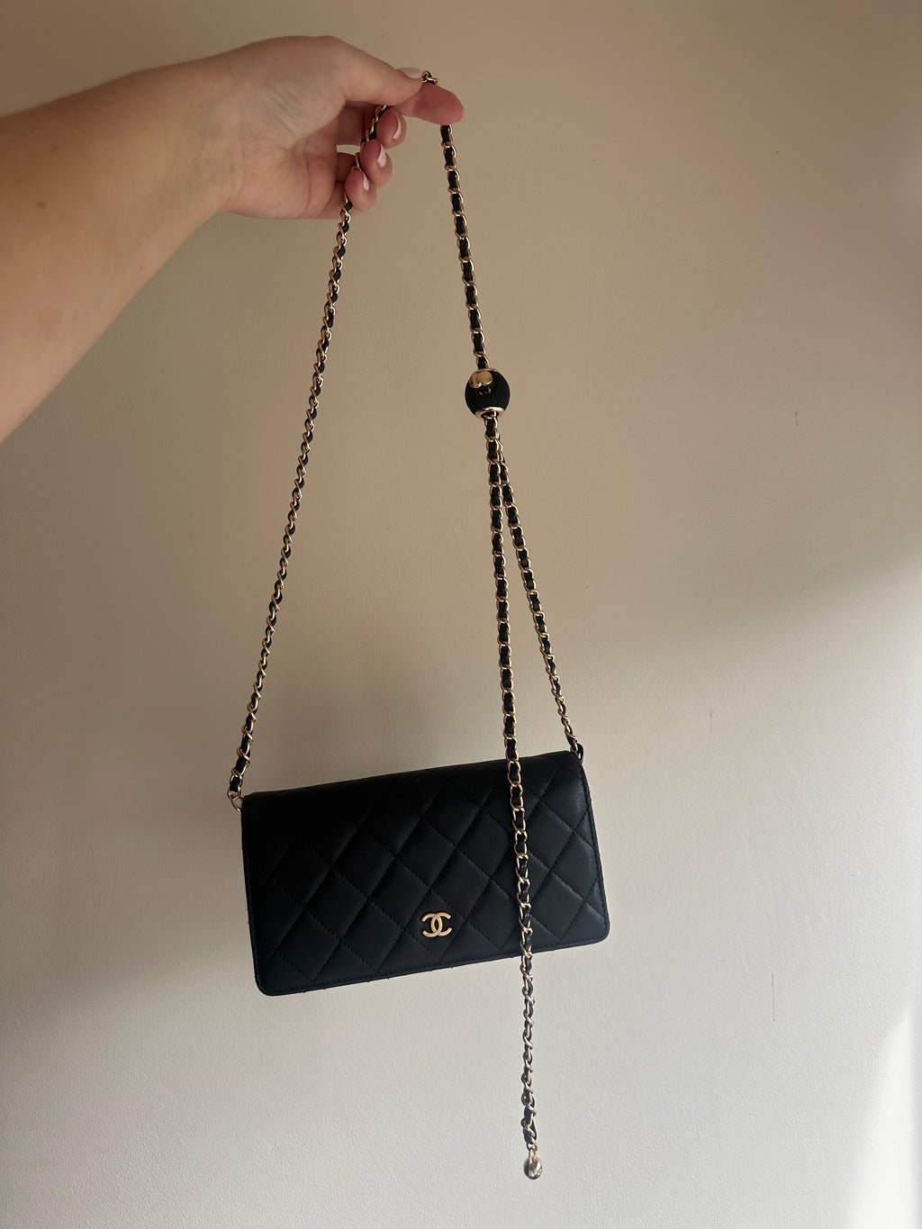Chanel Quilted Caviar Leather Black CC Wallet on Chain WOC with Gold Logo and Gold Adjustable Chain