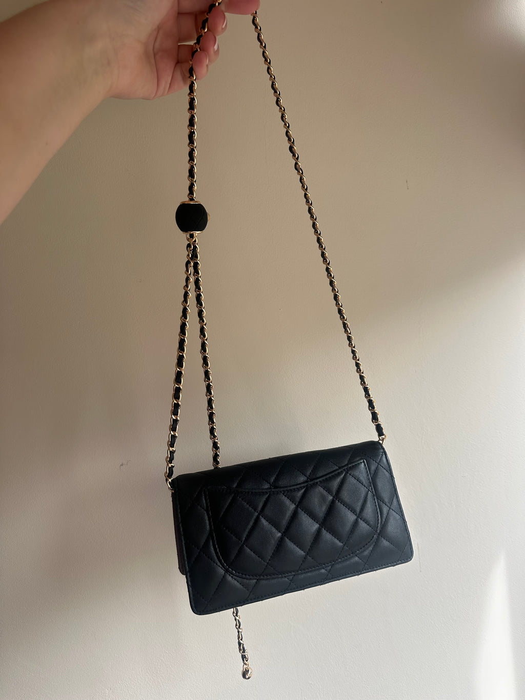 Chanel Quilted Caviar Leather Black CC Wallet on Chain WOC with Gold Logo and Gold Adjustable Chain