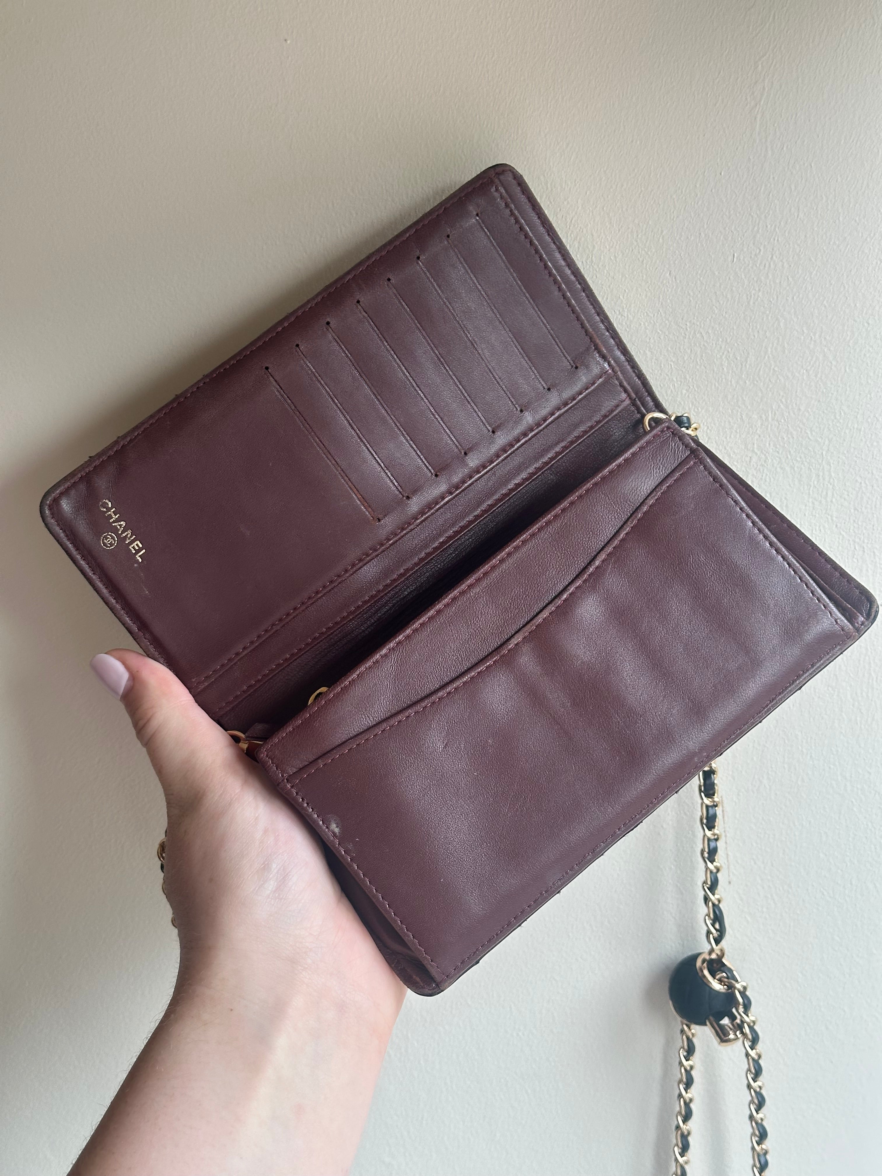 Chanel Quilted Caviar Leather Black CC Wallet on Chain WOC with Gold Logo and Gold Adjustable Chain