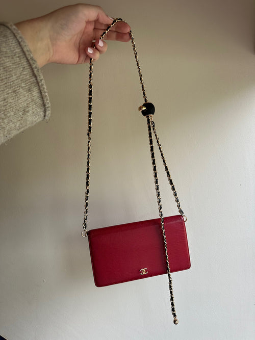 Chanel Burgundy Red Leather CC Wallet on Chain WOC with Adjustable Gold Chain