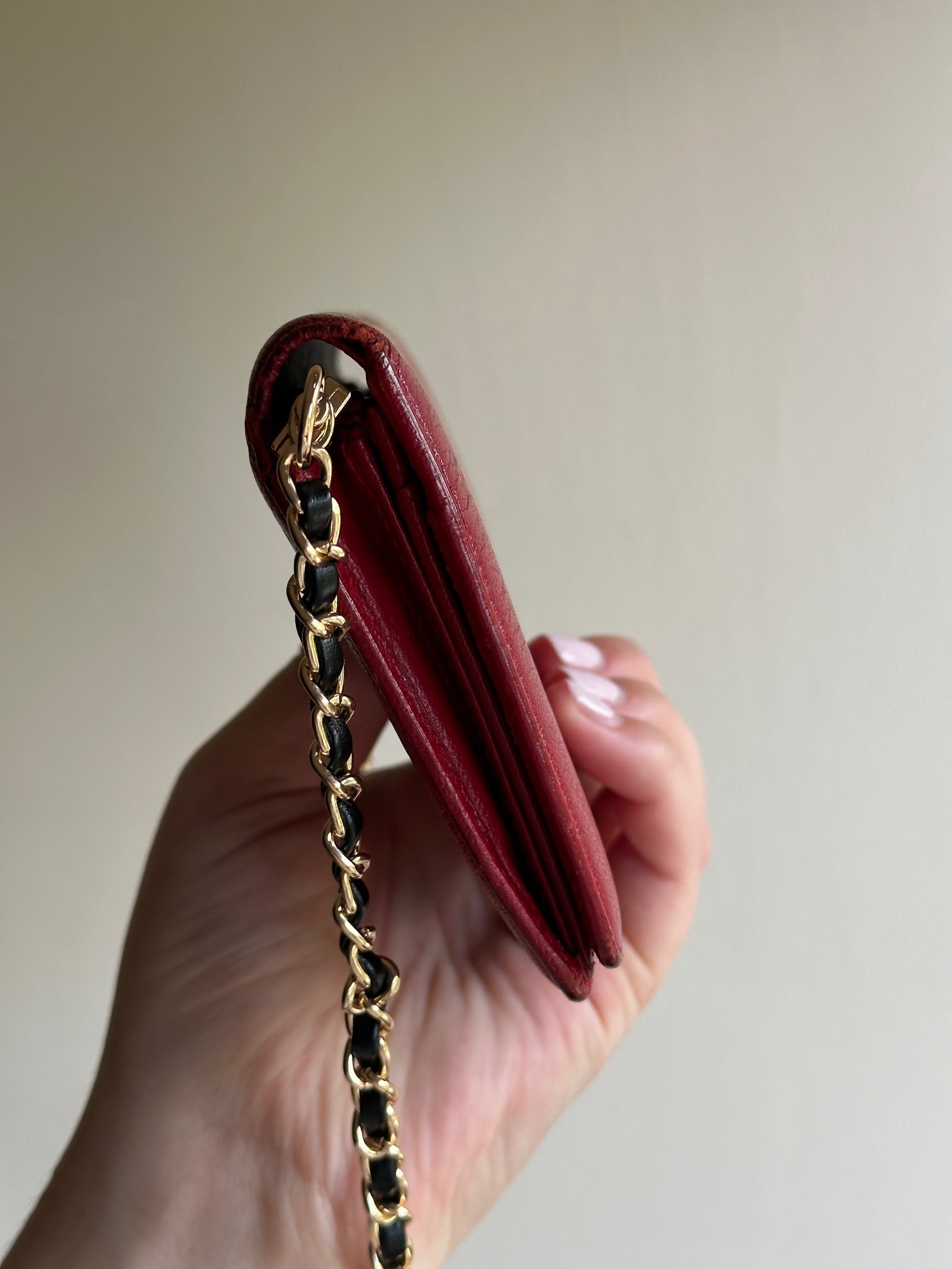 Chanel Burgundy Red Leather CC Wallet on Chain WOC with Adjustable Gold Chain
