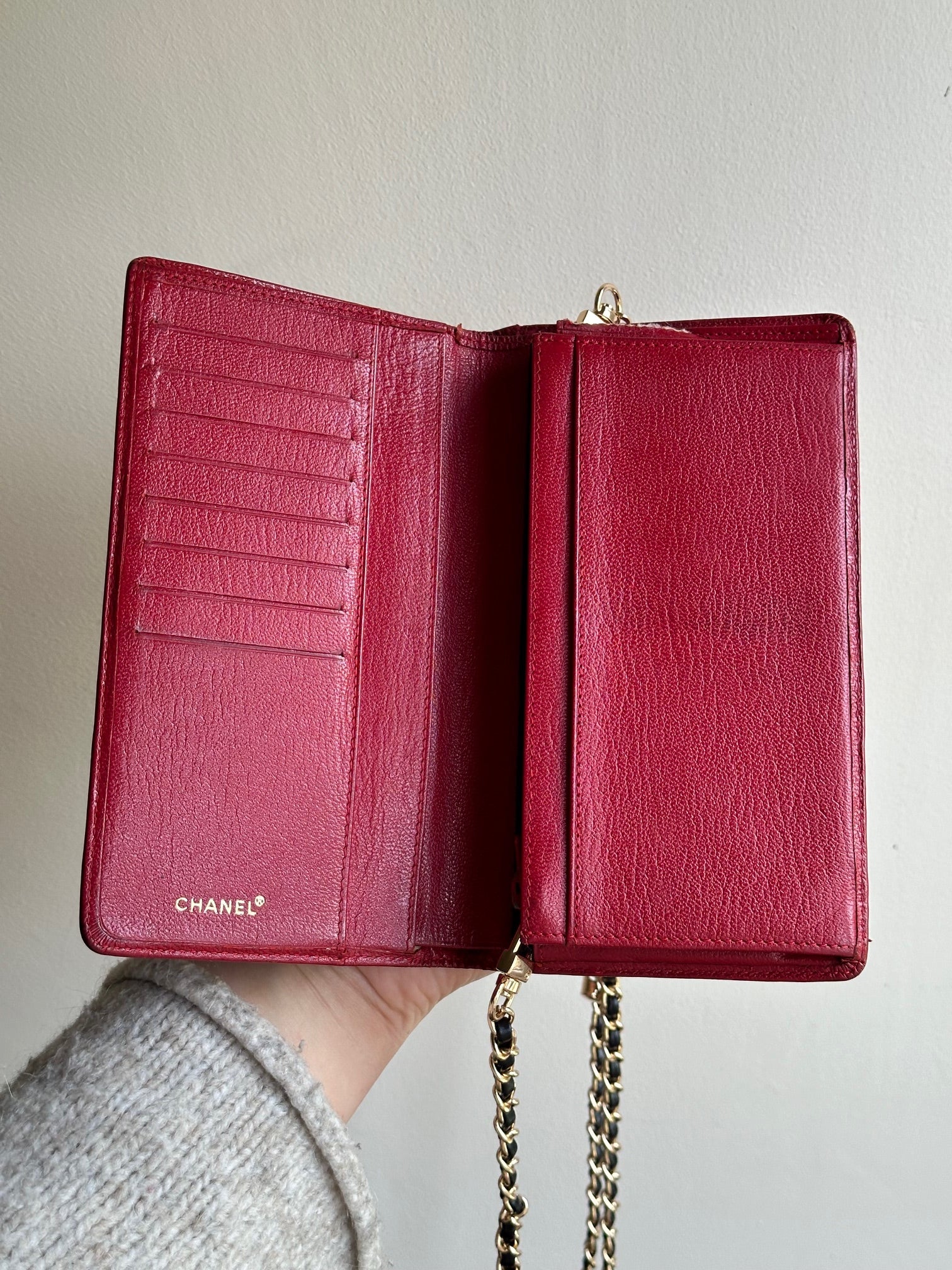 Chanel Burgundy Red Leather CC Wallet on Chain WOC with Adjustable Gold Chain
