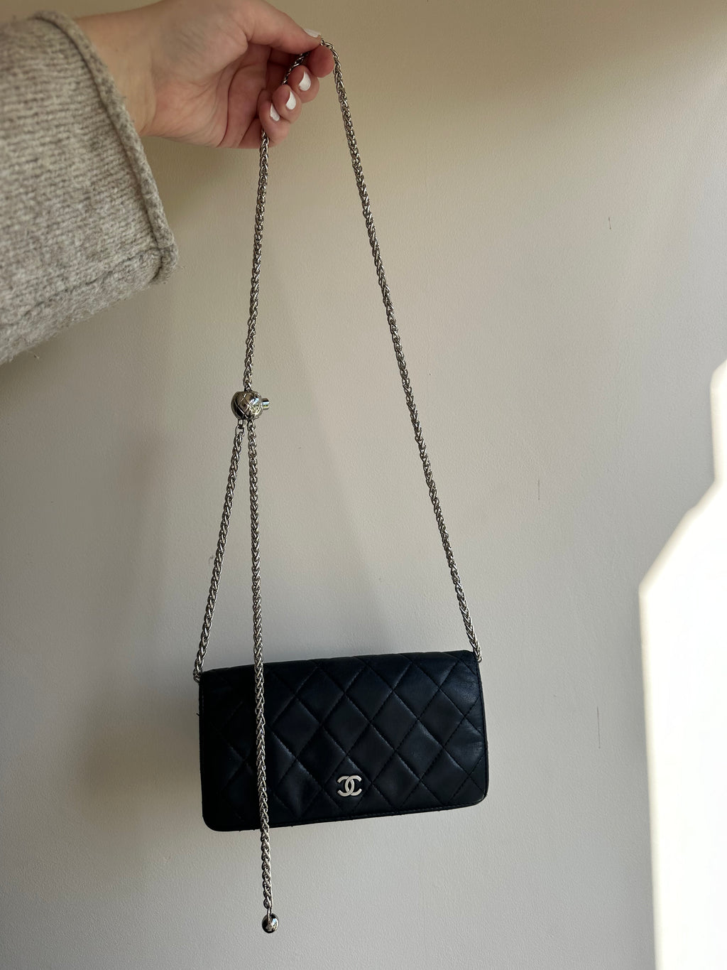 Chanel Quilted Caviar Leather CC Wallet on Chain with Silver logo and Adjustable Chain