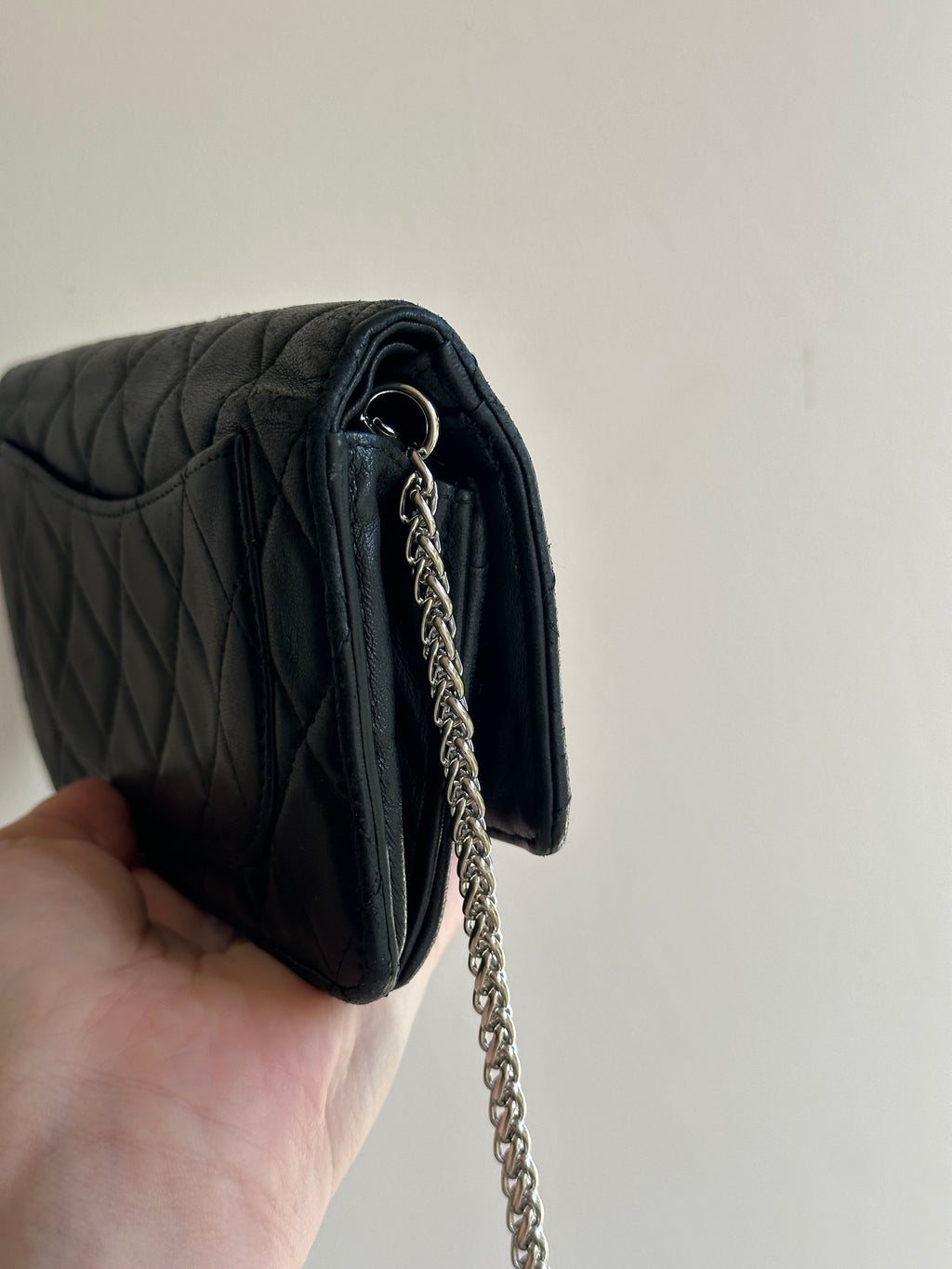 Chanel Quilted Caviar Leather CC Wallet on Chain with Silver logo and Adjustable Chain