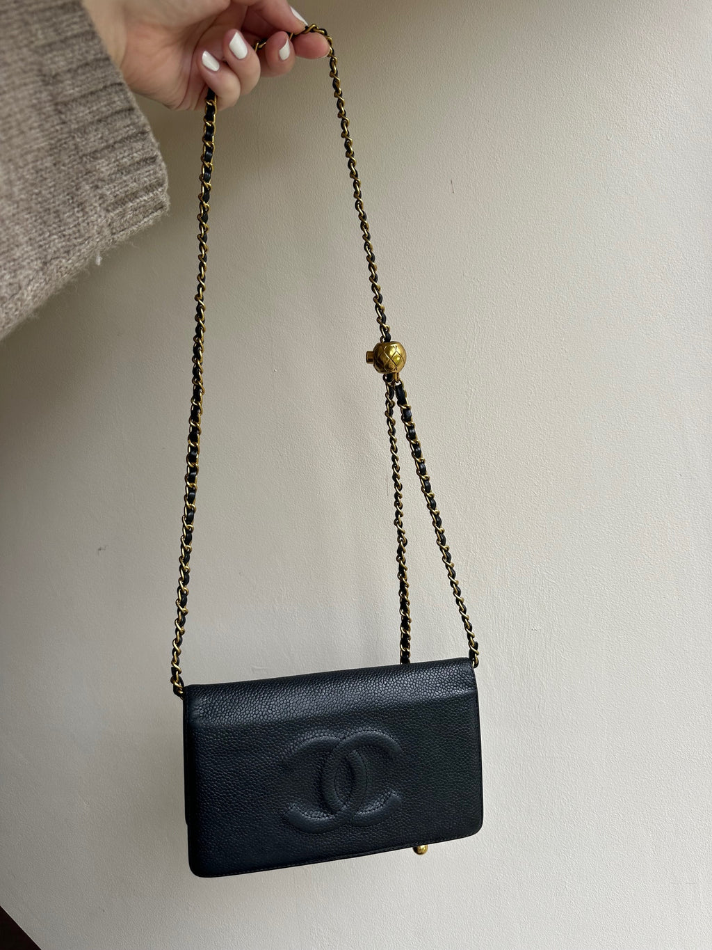 Chanel Caviar Leather Embossed CC Logo Wallet on Chain WOC with Adjustable Gold Strap
