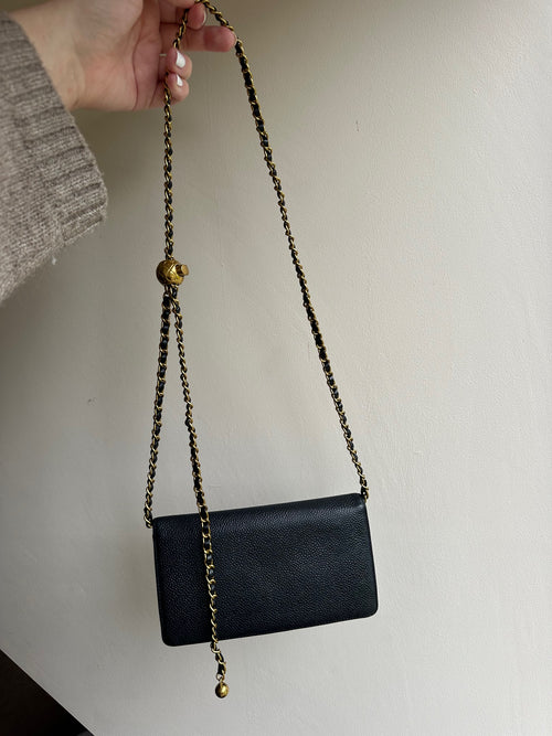 Chanel Caviar Leather Embossed CC Logo Wallet on Chain WOC with Adjustable Gold Strap
