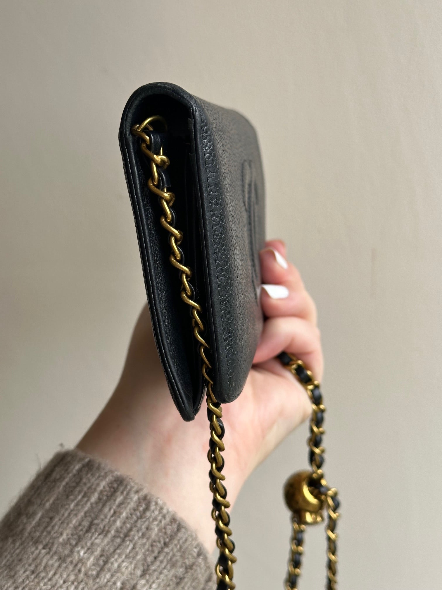 Chanel Caviar Leather Embossed CC Logo Wallet on Chain WOC with Adjustable Gold Strap