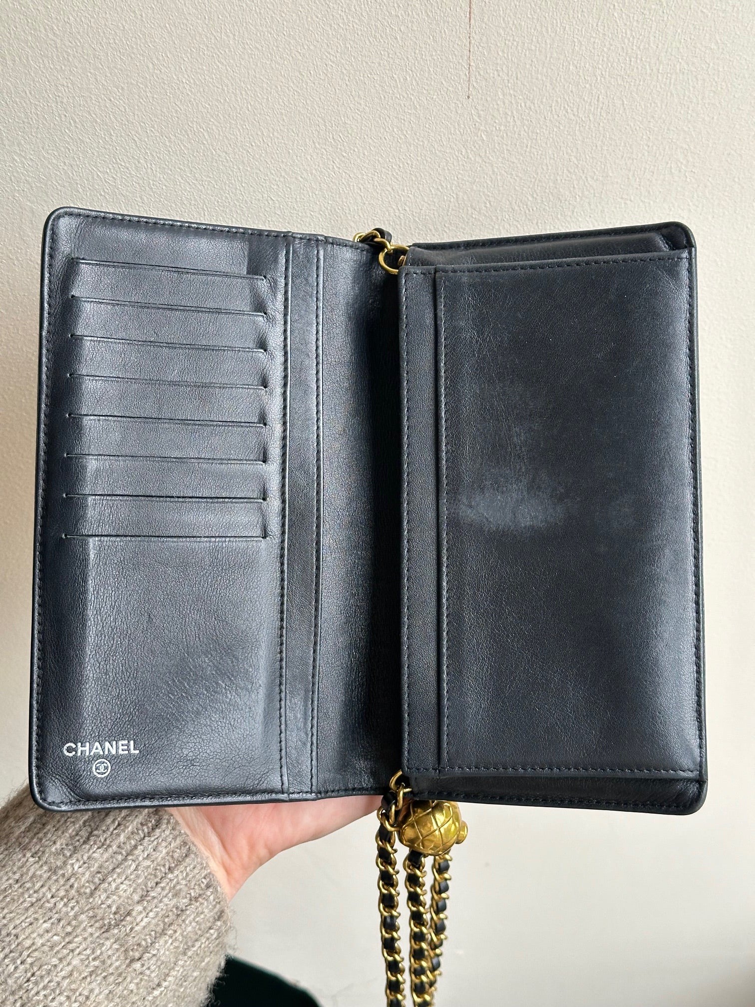 Chanel Caviar Leather Embossed CC Logo Wallet on Chain WOC with Adjustable Gold Strap