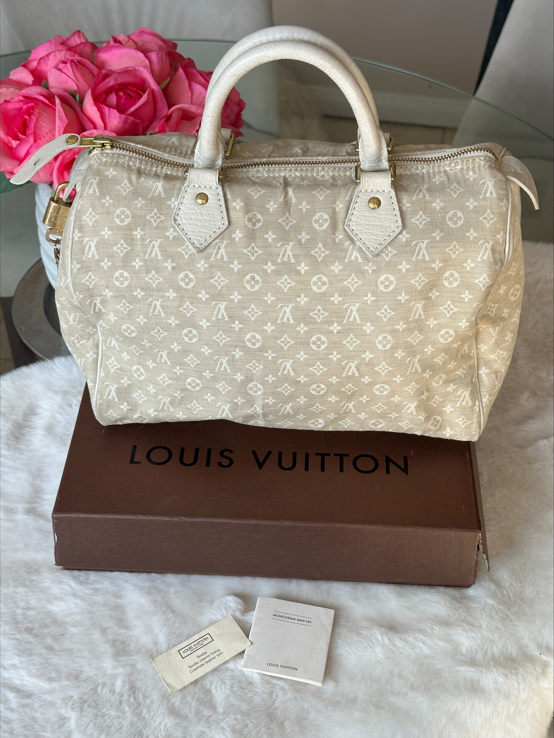 Louis Vuitton Speedy 30 in Cream Dune Monogram Mini Lin Canvas with Lock & Key