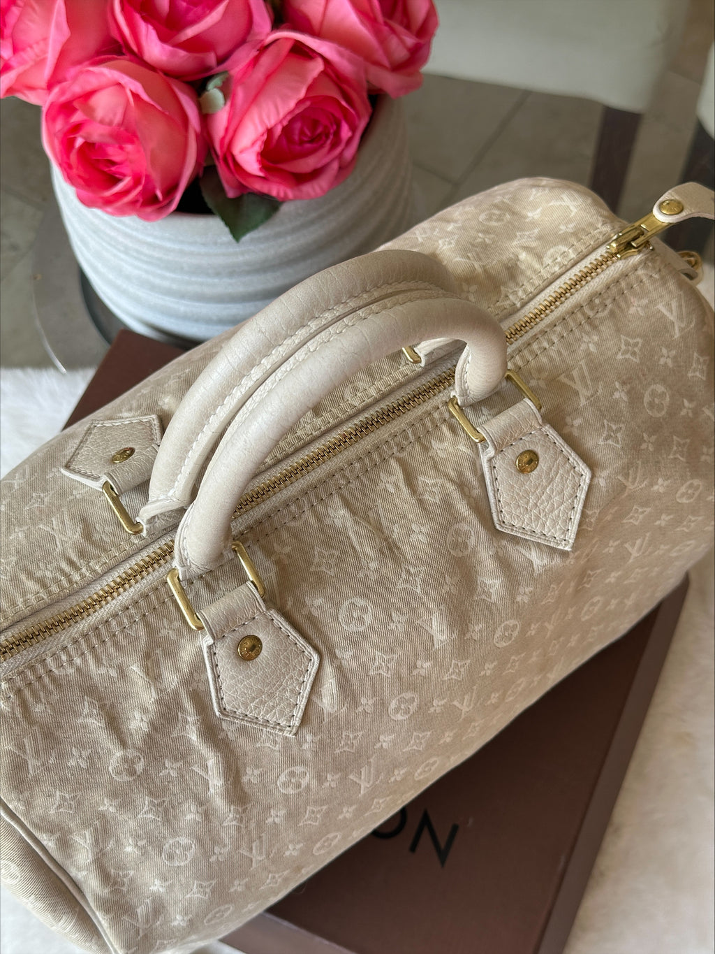 Louis Vuitton Speedy 30 in Cream Dune Monogram Mini Lin Canvas with Lock & Key