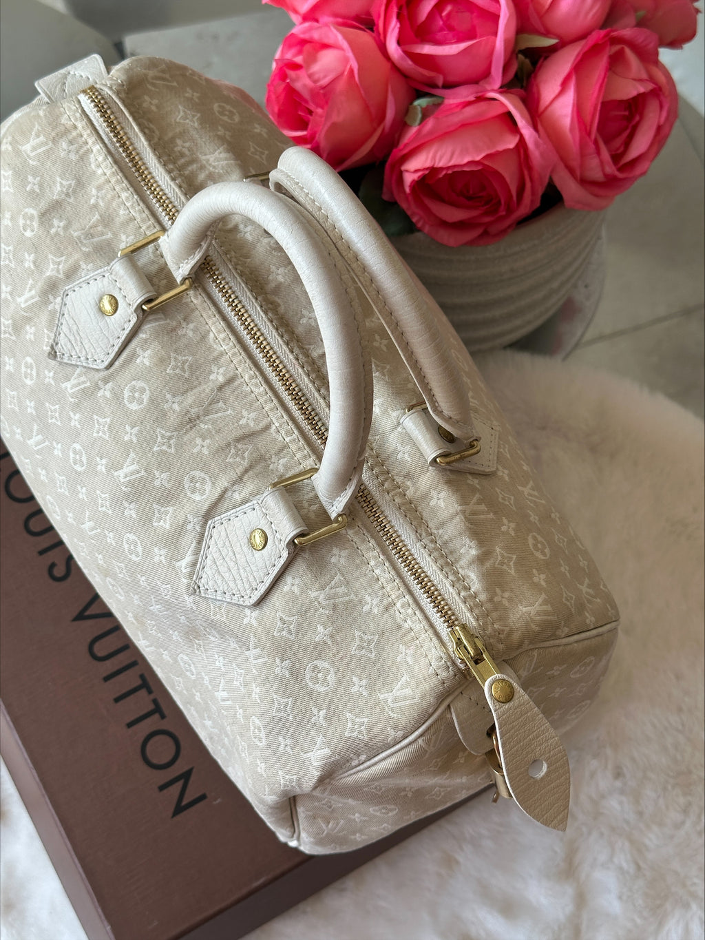 Louis Vuitton Speedy 30 in Cream Dune Monogram Mini Lin Canvas with Lock & Key