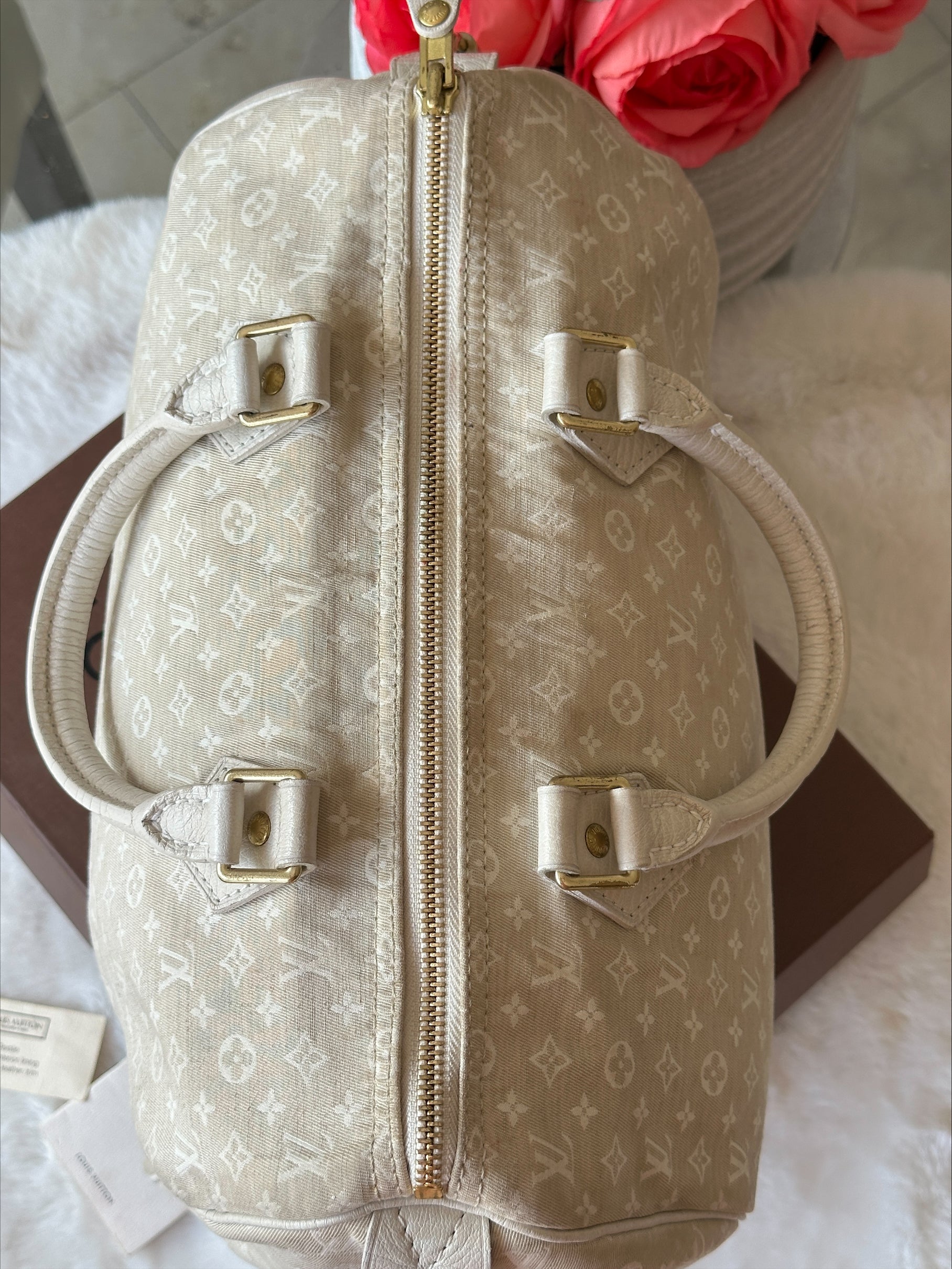 Louis Vuitton Speedy 30 in Cream Dune Monogram Mini Lin Canvas with Lock & Key