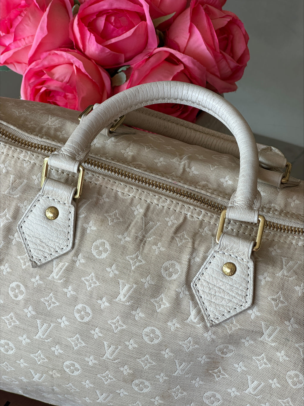 Louis Vuitton Speedy 30 in Cream Dune Monogram Mini Lin Canvas with Lock & Key