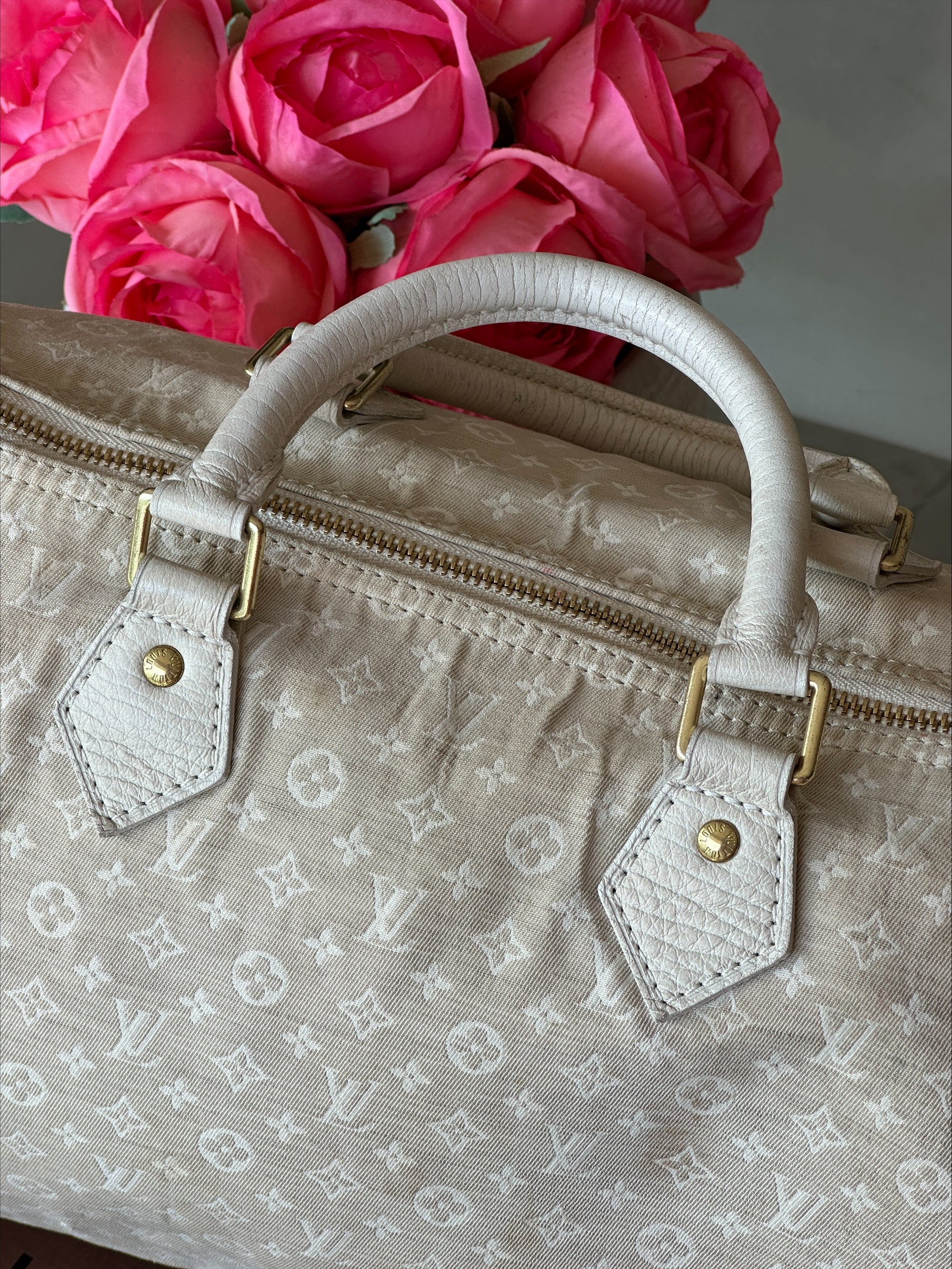 Louis Vuitton Speedy 30 in Cream Dune Monogram Mini Lin Canvas with Lock & Key