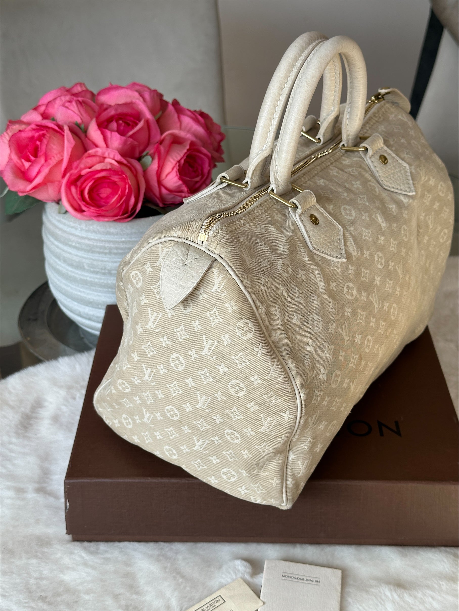Louis Vuitton Speedy 30 in Cream Dune Monogram Mini Lin Canvas with Lock & Key