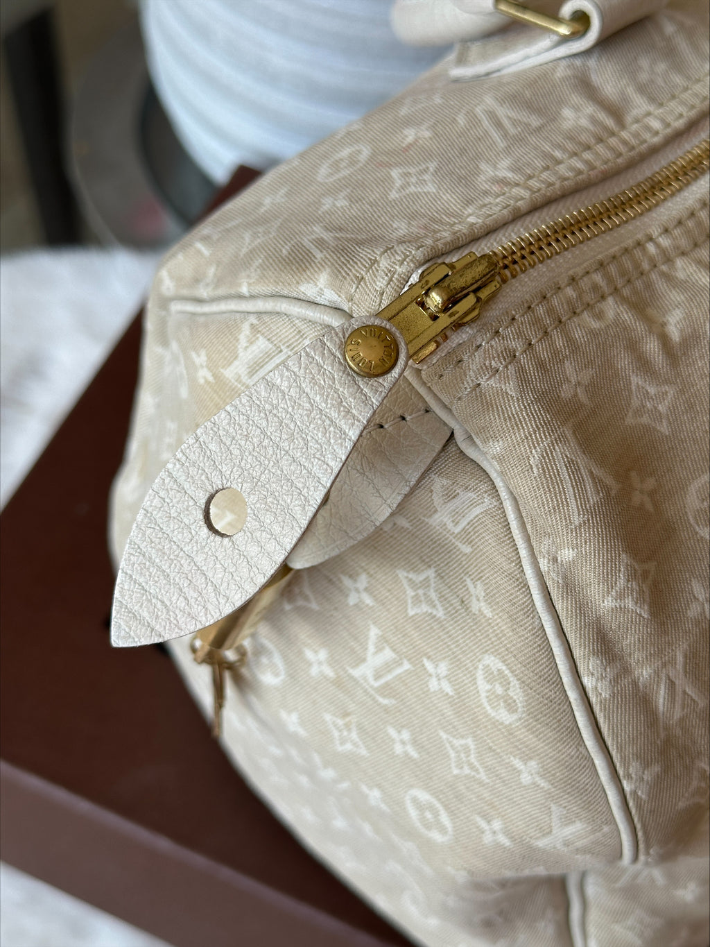 Louis Vuitton Speedy 30 in Cream Dune Monogram Mini Lin Canvas with Lock & Key
