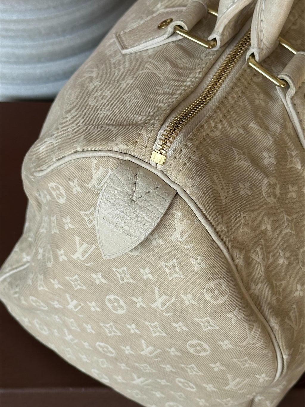 Louis Vuitton Speedy 30 in Cream Dune Monogram Mini Lin Canvas with Lock & Key