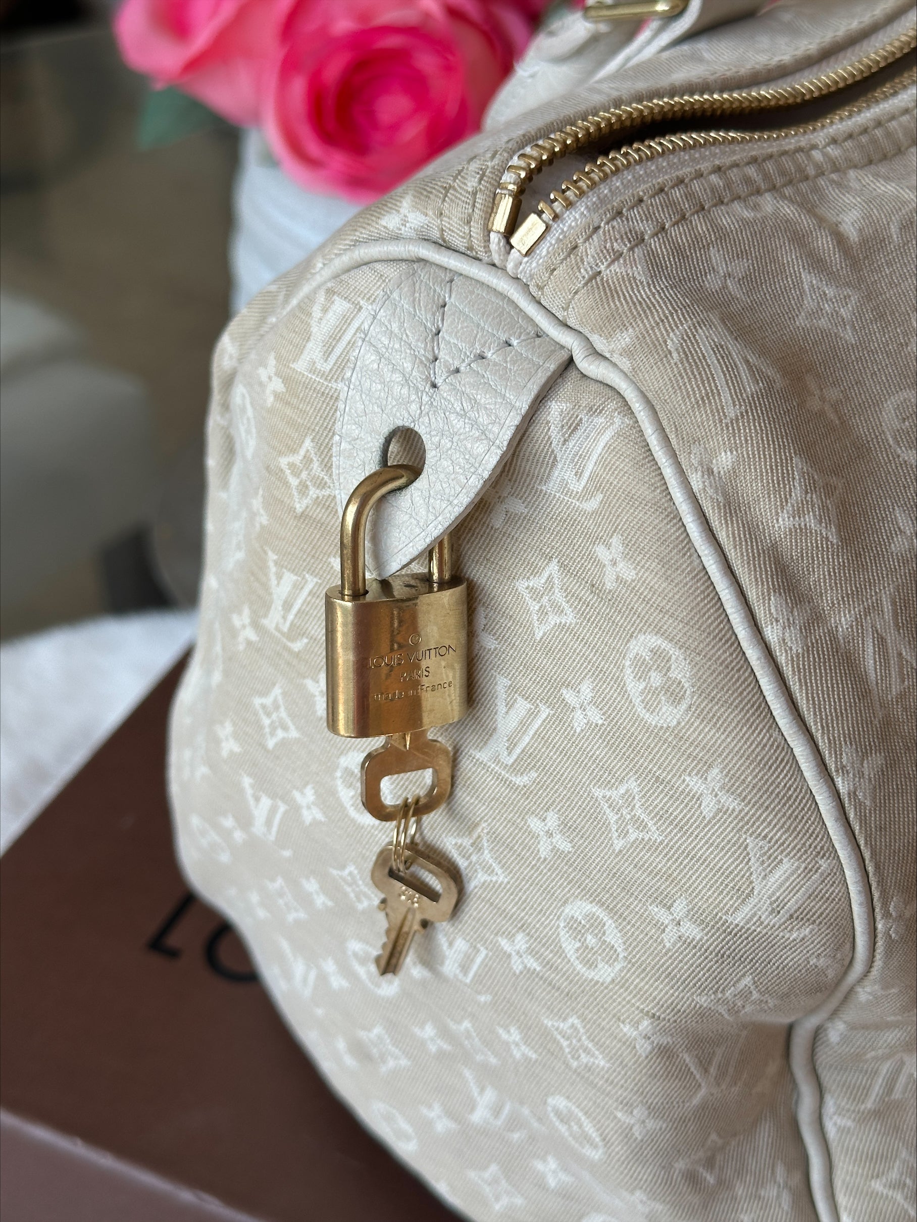 Louis Vuitton Speedy 30 in Cream Dune Monogram Mini Lin Canvas with Lock & Key