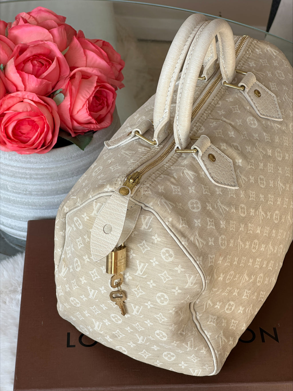 Louis Vuitton Speedy 30 in Cream Dune Monogram Mini Lin Canvas with Lock & Key