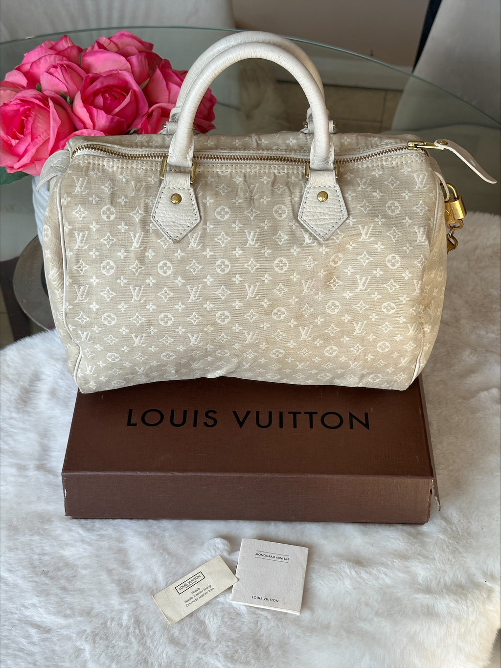Louis Vuitton Speedy 30 in Cream Dune Monogram Mini Lin Canvas with Lock & Key