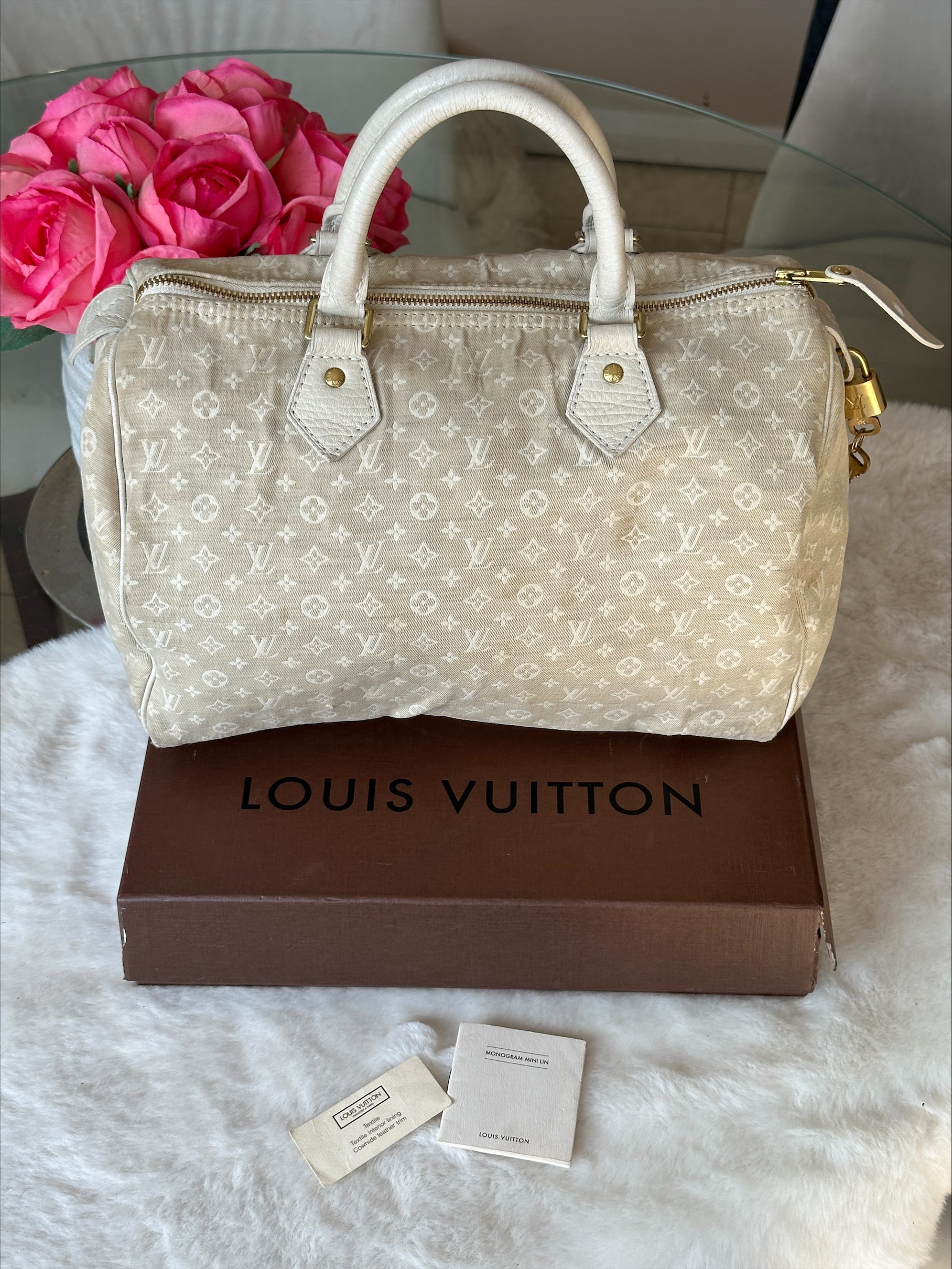Louis Vuitton Speedy 30 in Cream Dune Monogram Mini Lin Canvas with Lock & Key