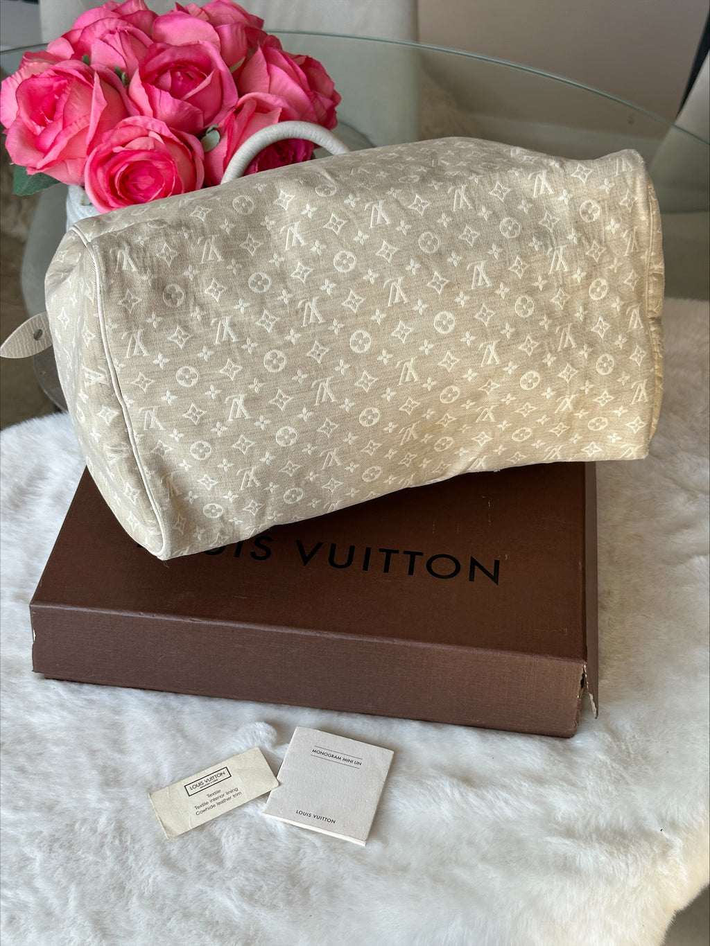 Louis Vuitton Speedy 30 in Cream Dune Monogram Mini Lin Canvas with Lock & Key