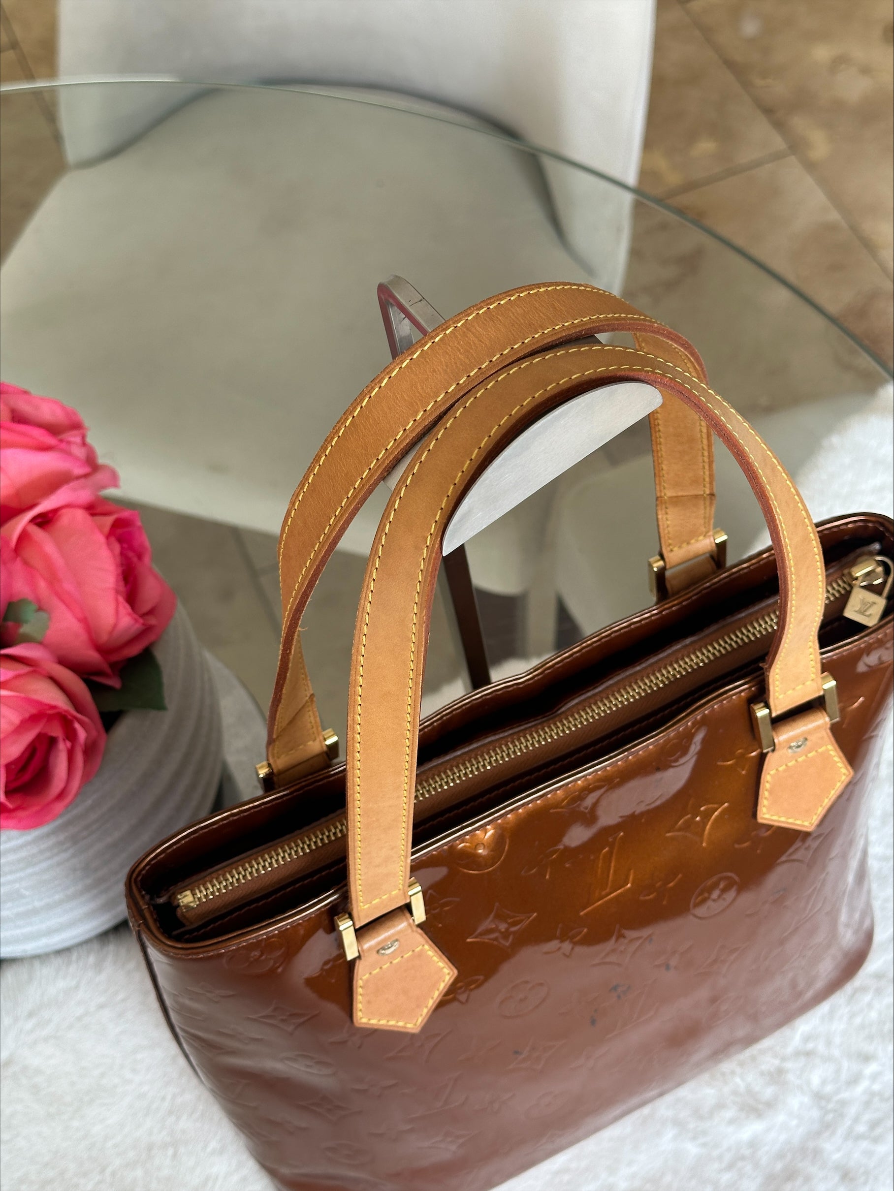 Louis Vuitton Houston in Bronze Vernis Leather