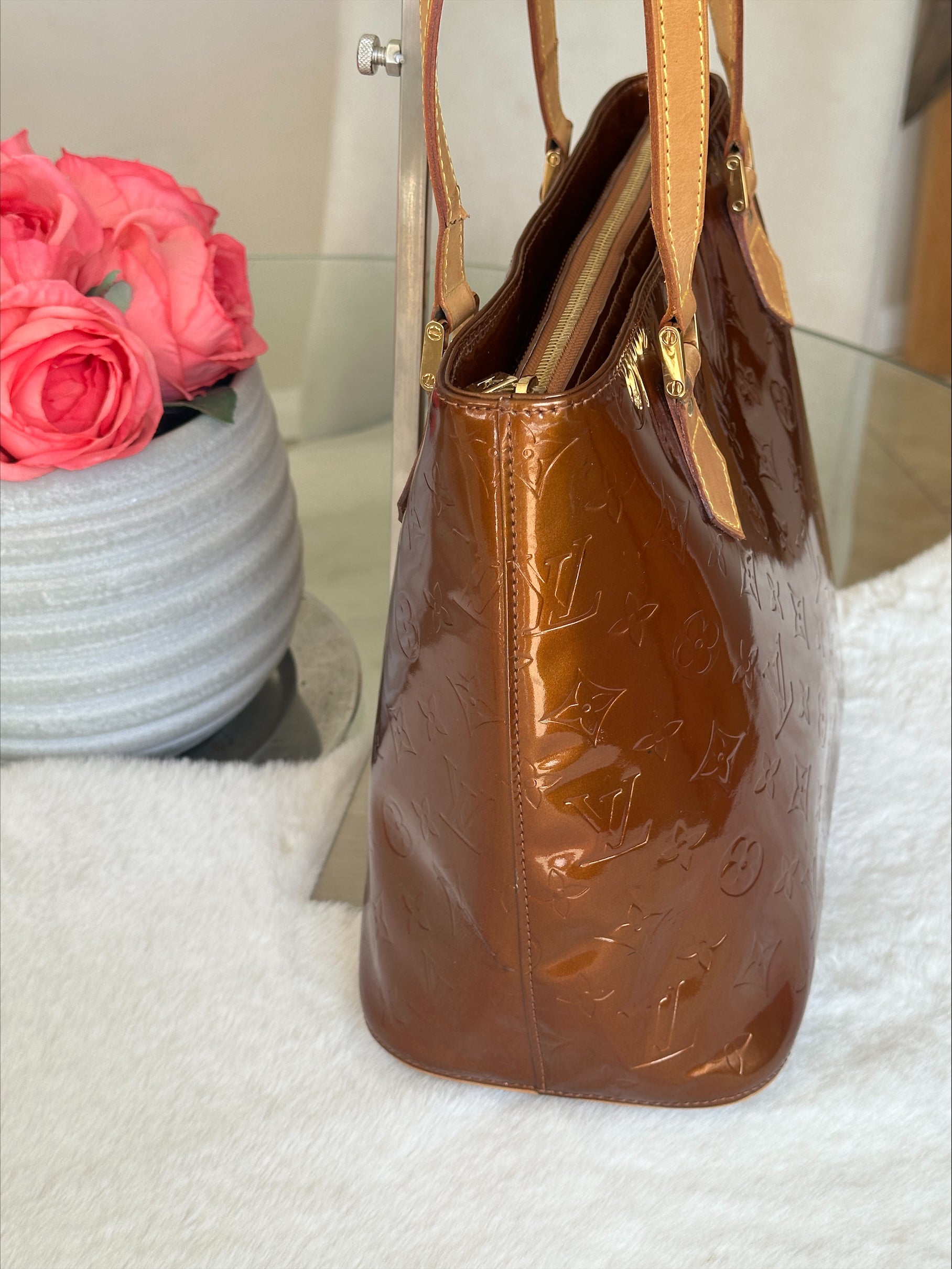 Louis Vuitton Houston in Bronze Vernis Leather