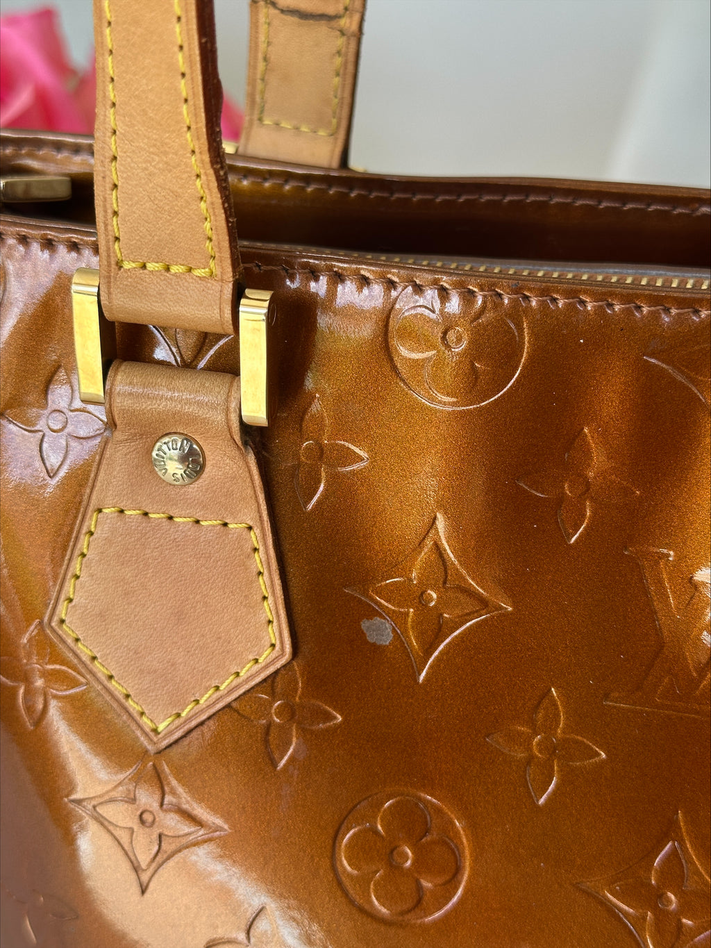 Louis Vuitton Houston in Bronze Vernis Leather